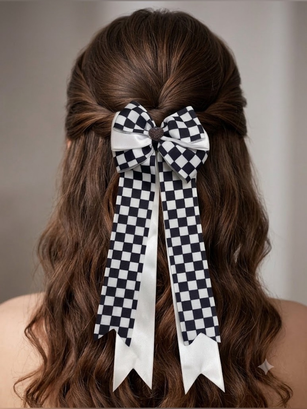 Black & White Checkered Ribbon Bow with Satin Tails - Hand crafted